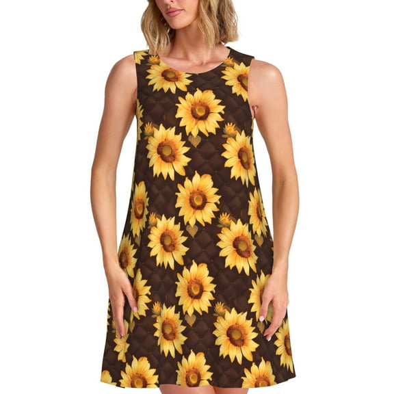 Lsque Chocolate Plaid Sunflower A Pattern Summer Dresses for Women – Sleeveless T-Shirt Swing Sundress, Perfect for the Beach and Casual Days