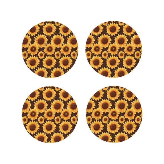 Lsque Chocolate Plaid Sunflower Pattern 4" Drink Coasters Set of 4, PVC Leather Absorbent Coasters, Table Coaster Set Decorative Coffee Cup Coasters Housewarming Gift -Round Shape