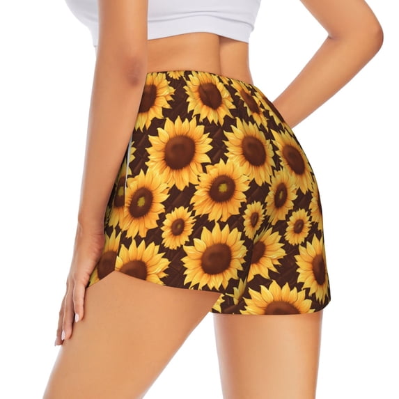 Lsque Chocolate Plaid Sunflower Printed Women's Running Shorts with Liner Pockets,Elastic Quick Dry Workout Athletic Gym Yoga Shorts,Womens High Waist Shorts-X-Large