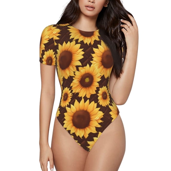 Lsque Chocolate Plaid Sunflower Women's Crew Neck Short Sleeve Bodysuit Basic T Shirts Tops Onesie Adult Cute Pajama-XX-Large