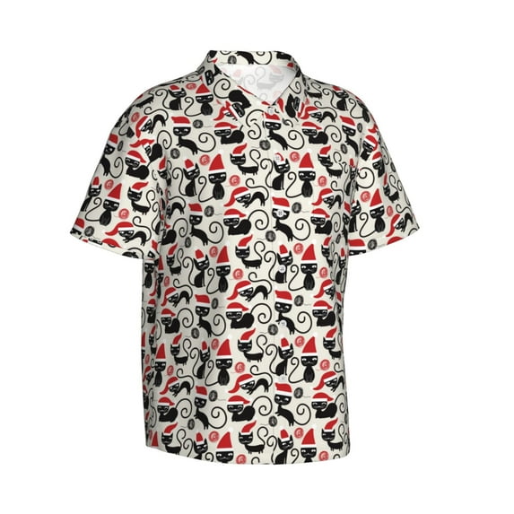 Lsque Christmas Cat pattern Hawaiian Shirt for Men, Unisex Summer Beach Casual Short Sleeve Button Down Shirts-Medium