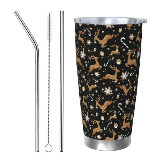 Lsque Christmas Cookie Reindeer Pattern 20oz Car Cup with Lid and Straw, Insulated Coffee Cup with Straw Topper, Spill Proof Travel Coffee Mug, Stainless Steel Tumble-Straw Three-piece Set