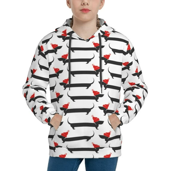Lsque Christmas Dachshund Patten Youth Hoodie Sweatshirt Pullover with Kangaroo Pocket Boys and Girls Hoodie Warm Hoodie for Kids-Large