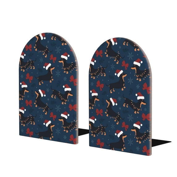 Lsque Christmas Dachshund Printed Wood Bookends,Non-Skid Bookend for Shelves,Heavy Duty Support Bookends,Non-Slip Foam Pads for Office, Home, and Library,1 Pair
