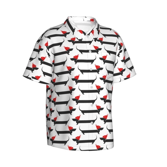 Lsque Christmas Dachshund pattern Hawaiian Shirt for Men, Unisex Summer Beach Casual Short Sleeve Button Down Shirts-Large