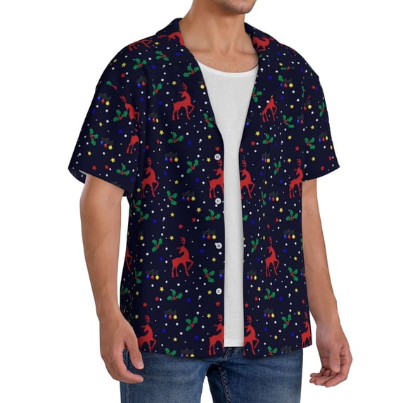 Lsque Christmas Deer print Men's Cuban Collar Short Sleeve Shirt Summer Beachwear Casual Button Down Fashionable Vacation Leisure Shirt-Small