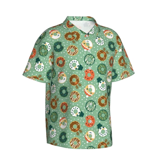 Lsque Christmas Donuts pattern Hawaiian Shirt for Men, Unisex Summer Beach Casual Short Sleeve Button Down Shirts-3X-Large