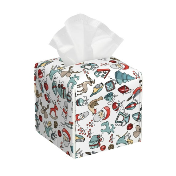 Lsque Christmas Elements Printed Tissue Box Cover Holder, Facial Paper Organizer Dispenser,Square with Bottom Belt, PVC Leather Decorative Organizer