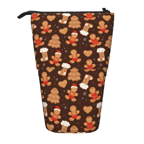 Lsque Christmas Gingerbread Cookies Pattern Telescopic Pencil Bag Pen Holder Stationery Case, Stand-up Retractable Transformer Bag Organizer