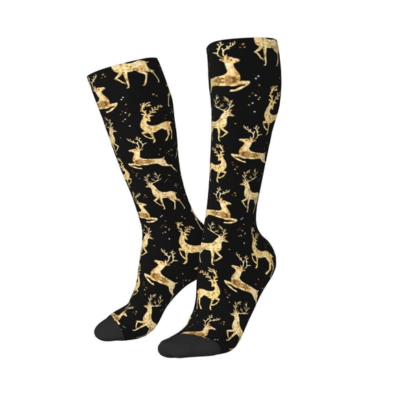 Lsque Christmas Gold Deers Printed Crew Socks Men's Women's LightWeight Thin Casual Calf Socks ,Knee High Socks,Cotton Socks