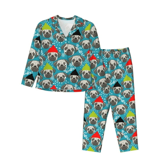 Lsque Christmas Hat Cute French Bulldog Pattern Long Sleeve Pajama Set for Women - Soft 2-Piece Sleepwear and Loungewear Set with Pockets, Comfy Nightwear-Medium