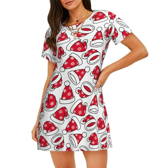 Lsque Christmas Hat Pattern Nightgowns for Women Sleep Shirts Short Sleeve Nightshirt Pullover Nightdress Soft Sleepwear Relaxed Fit Nightdress