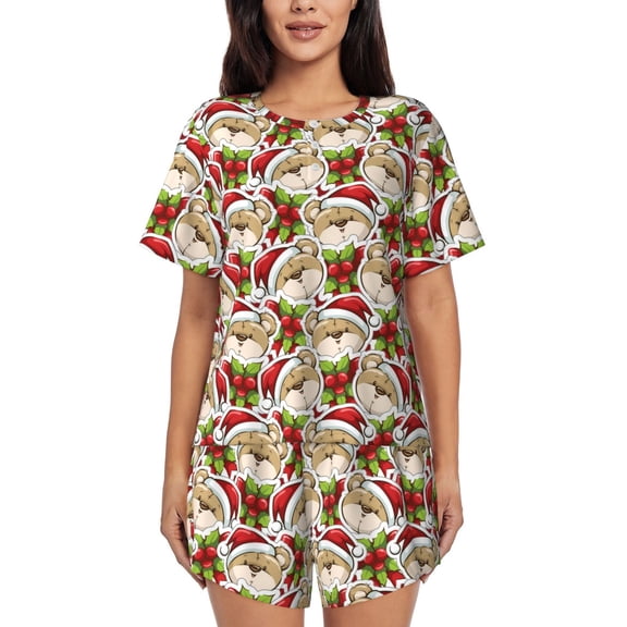 Lsque Christmas Hat bear Women's Short-Sleeved Pajama Set - 2 Piece Soft and Lightweight Sleepwear Set-Medium