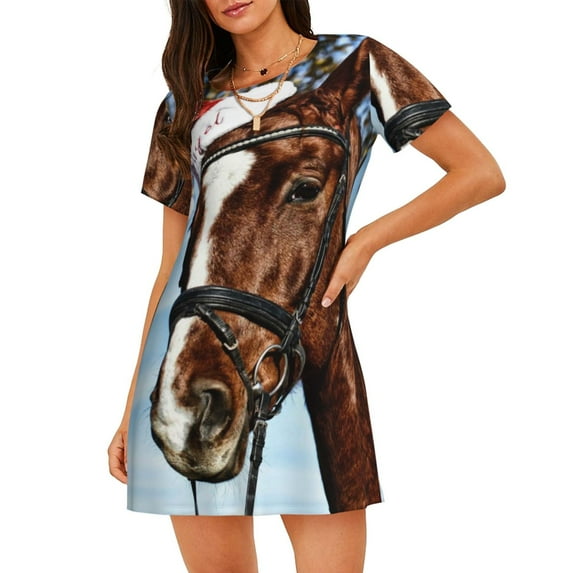 Lsque Christmas Horse Pattern Nightgowns for Women Sleep Shirts Short Sleeve Nightshirt Pullover Nightdress Soft Sleepwear Relaxed Fit Nightdress