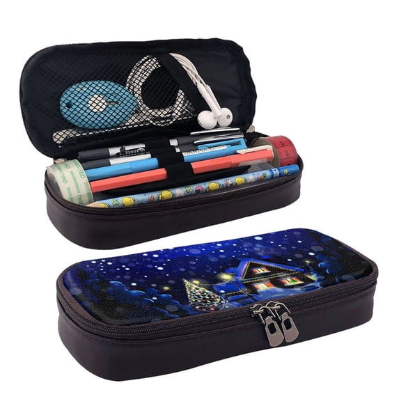 Lsque Christmas Night Printed Big Capacity PU Leather Pencil Case Large Pencil Pouch Stationery Pen Bag Pencil Holder for Teen