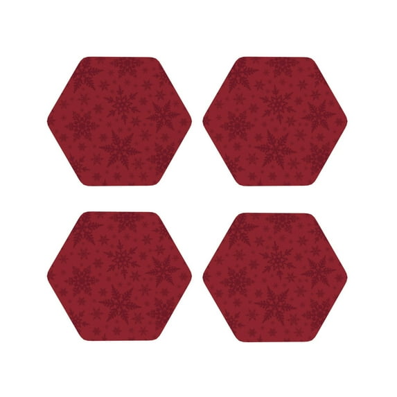 Lsque Christmas Red Snowflakes Pattern 4" Drink Coasters Set of 4, PVC Leather Absorbent Coasters, Table Coaster Set Decorative Coffee Cup Coasters Housewarming Gift -Hexagon