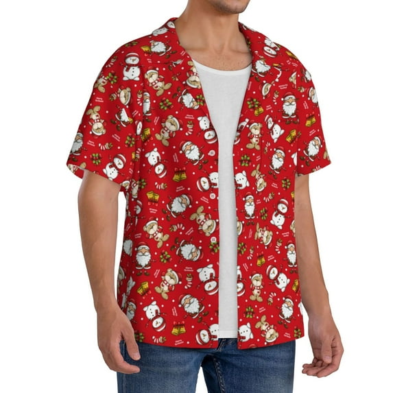Lsque Christmas Santa Cartoon Snowman A print Men's Cuban Collar Short Sleeve Shirt Summer Beachwear Casual Button Down Fashionable Vacation Leisure Shirt-Medium