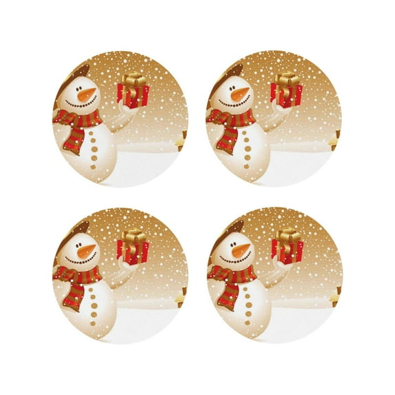 Lsque Christmas Snowman Gift Pattern 4" Drink Coasters Set of 4, PVC Leather Absorbent Coasters, Table Coaster Set Decorative Coffee Cup Coasters Housewarming Gift -Round Shape