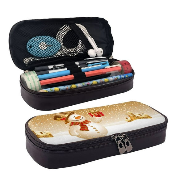 Lsque Christmas Snowman Gift Printed Big Capacity PU Leather Pencil Case Large Pencil Pouch Stationery Pen Bag Pencil Holder for Teen