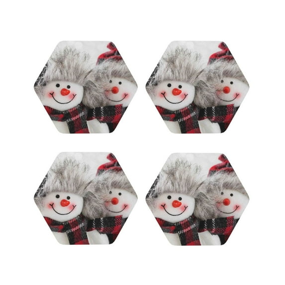 Lsque Christmas Snowman With Hat Pattern 4" Drink Coasters Set of 4, PVC Leather Absorbent Coasters, Table Coaster Set Decorative Coffee Cup Coasters Housewarming Gift -Hexagon