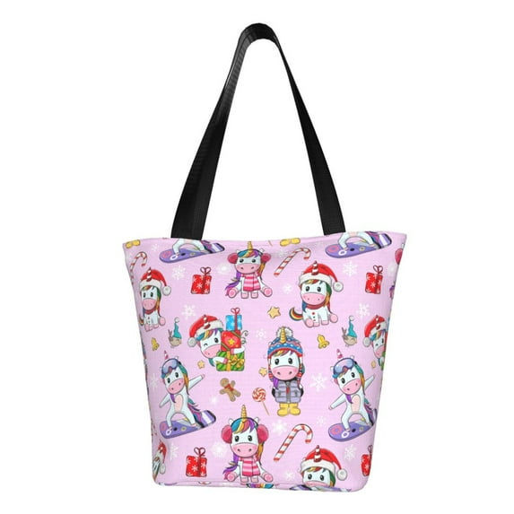 Lsque Christmas Unicorns Pattern Beach Tote,Shoulder Handbag,Spacious Tote Bag,Lightweight Travel Bag,Versatile Shopping Bag