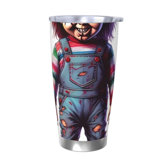 Lsque Chucky Pattern 20oz Car Cup with Lid and Straw, Insulated Coffee Cup with Straw Topper, Spill Proof Travel Coffee Mug, Stainless Steel Tumble