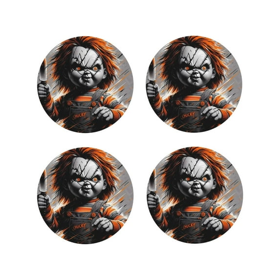 Lsque Chucky Pattern 4" Drink Coasters Set of 4, PVC Leather Absorbent Coasters, Table Coaster Set Decorative Coffee Cup Coasters Housewarming Gift
