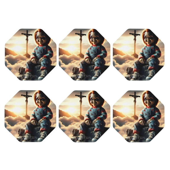 Lsque Chucky Pattern 4" Drink Coasters Set of 6, Leather Absorbent Coasters, Table Coaster Set Decorative Coffee Cup Coasters Housewarming Gift