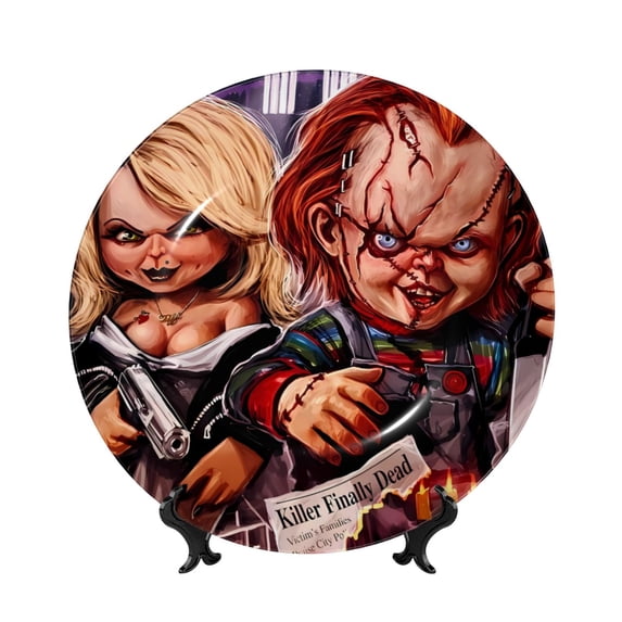 Lsque Chucky Pattern Ceramic Decorative Plate Decorative Plates with Display Stand Personalized Porcelain Plate Ceramic Ornaments for Wall Hanging Decoration-7in