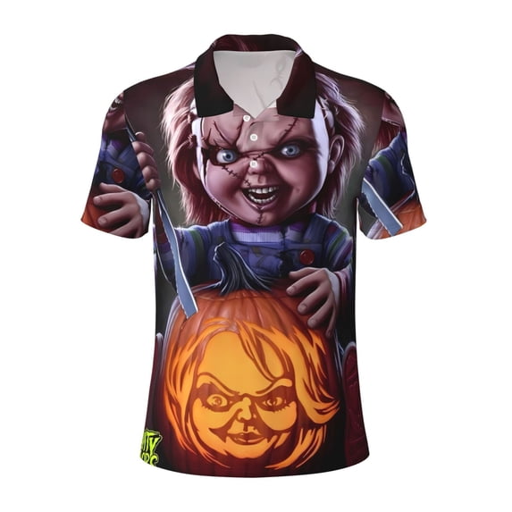 Lsque Chucky Pattern Golf Shirts for Men Dry Fit Print Moisture Wicking Performance Short Sleeve Polo Shirt-Medium