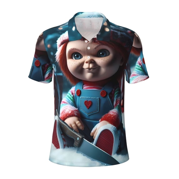 Lsque Chucky Pattern Golf Shirts for Men Dry Fit Print Moisture Wicking Performance Short Sleeve Polo Shirt-XX-Large