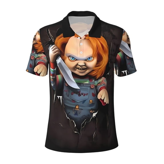 Lsque Chucky Pattern Golf Shirts for Men Dry Fit Print Moisture Wicking Performance Short Sleeve Polo Shirt-XX-Large