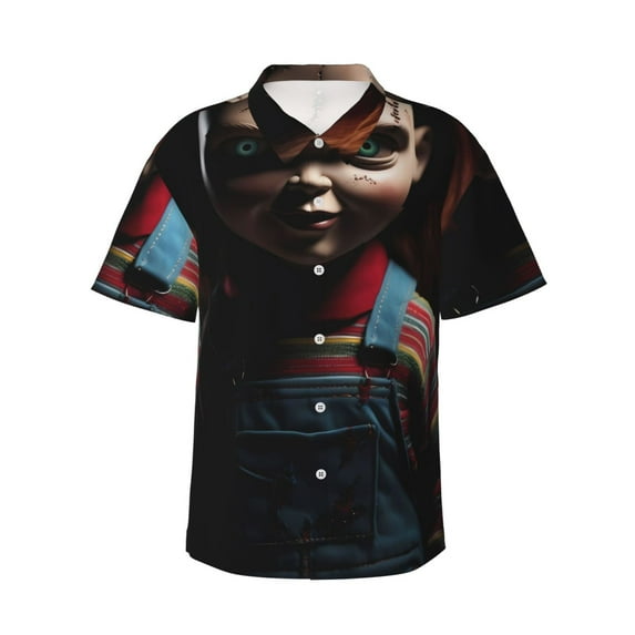 Lsque Chucky Pattern Hawaiian Shirt for Men Unisex Summer Beach Casual Short Sleeve Cotton Linen Button Down Shirts-Large