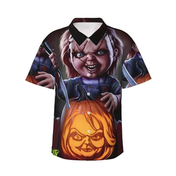 Lsque Chucky Pattern Hawaiian Shirt for Men Unisex Summer Beach Casual Short Sleeve Cotton Linen Button Down Shirts-Large