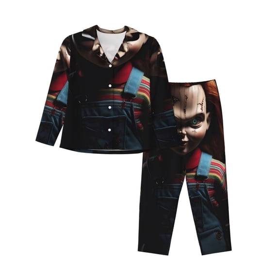 Lsque Chucky Pattern Long Sleeve Pajama Set for Women - Soft 2-Piece Sleepwear and Loungewear Set with Pockets, Comfy Nightwear