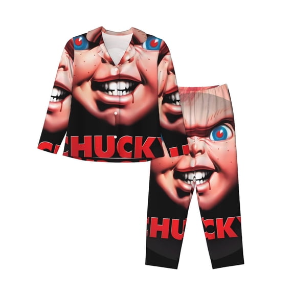 Lsque Chucky Pattern Long Sleeve Pajama Set for Women - Soft 2-Piece Sleepwear and Loungewear Set with Pockets, Comfy Nightwear