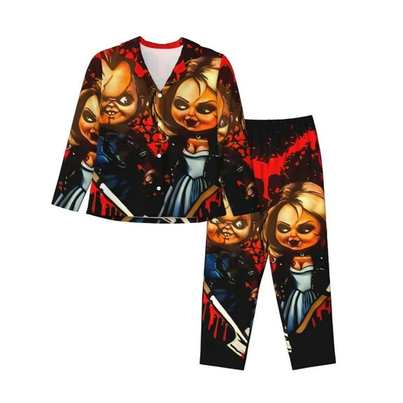 Lsque Chucky Pattern Long Sleeve Pajama Set for Women - Soft 2-Piece Sleepwear and Loungewear Set with Pockets, Comfy Nightwear