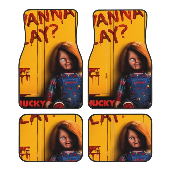 Lsque Chucky Print 4-Piece Floor Mats, Heavy-Duty Rubber Liners, Anti-Slip Design, All-Season Automotive Protection, Vehicles, Cars, Trucks, and SUVs