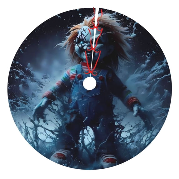 Lsque Chucky Print Christmas Tree Skirt, Tree Skirt with Ties or Velcro, Perfect for Holiday Decorations, Halloween, and New Year-30"