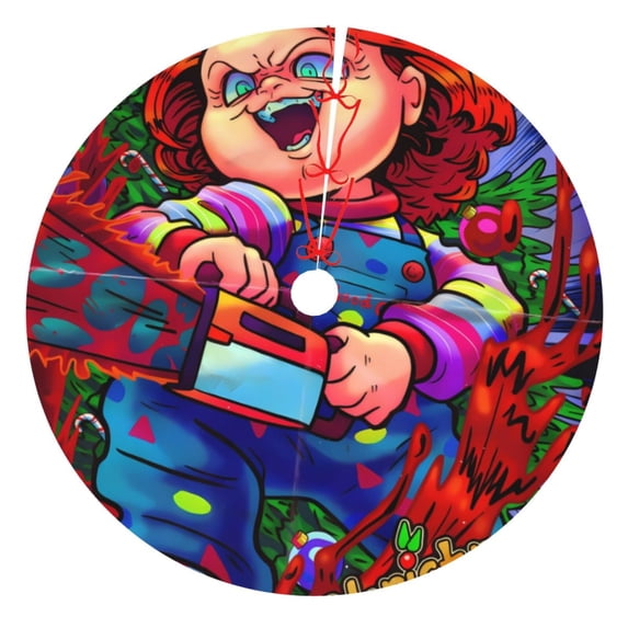 Lsque Chucky Print Christmas Tree Skirt, Tree Skirt with Ties or Velcro, Perfect for Holiday Decorations, Halloween, and New Year-48"