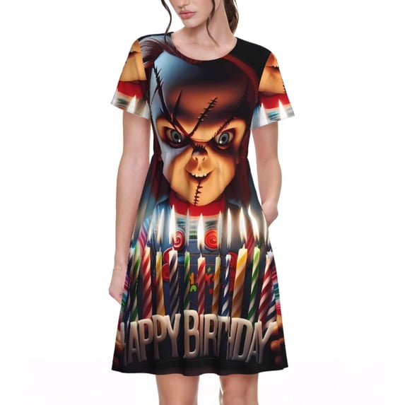Lsque Chucky Print Women's Casual Dress T-Shirt Summer Short Sleeve Scoop Neck Swing Dresses