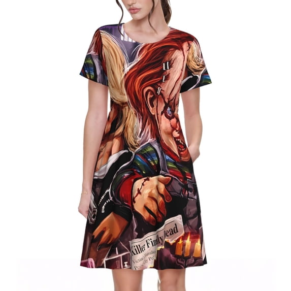 Lsque Chucky Print Women's Casual Dress T-Shirt Summer Short Sleeve Scoop Neck Swing Dresses