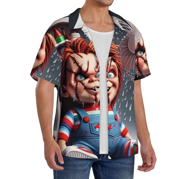 Lsque Chucky print Men's Cuban Collar Short Sleeve Shirt Summer Beachwear Casual Button Down Fashionable Vacation Leisure Shirt-3X-Large