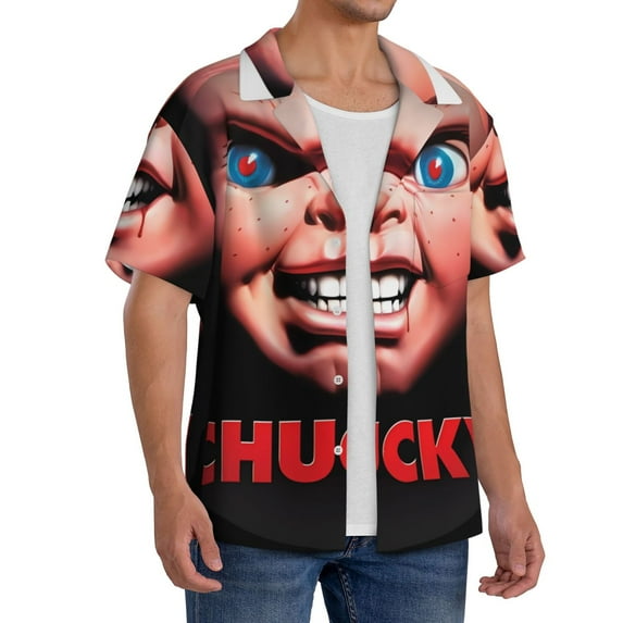 Lsque Chucky print Men's Cuban Collar Short Sleeve Shirt Summer Beachwear Casual Button Down Fashionable Vacation Leisure Shirt-Medium