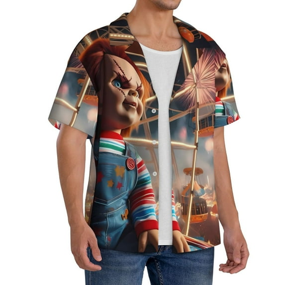 Lsque Chucky print Men's Cuban Collar Short Sleeve Shirt Summer Beachwear Casual Button Down Fashionable Vacation Leisure Shirt-Medium