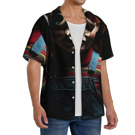 Lsque Chucky print Men's Cuban Collar Short Sleeve Shirt Summer Beachwear Casual Button Down Fashionable Vacation Leisure Shirt-Small