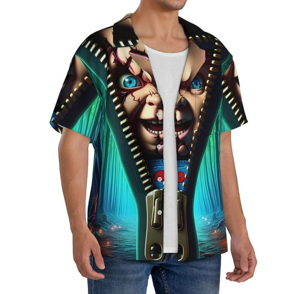 Lsque Chucky print Men's Cuban Collar Short Sleeve Shirt Summer Beachwear Casual Button Down Fashionable Vacation Leisure Shirt-XX-Large