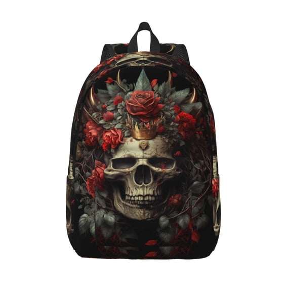 Lsque Classical Rose Crown Skull Pattern Canvas Daypack, Durable Backpack, High-quality Versatile Backpack,Vintage Compact Backpack-Medium