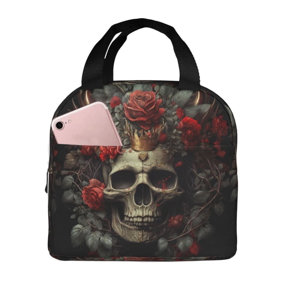 Lsque Classical Rose Crown Skull Pattern Lunch Bag Women/Men Insulated Lunch Box,Small Leakproof Cooler Food Lunch Containers Reusable High Capacity Lunch Tote Bags