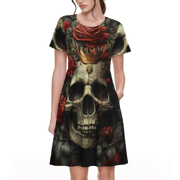Lsque Classical Rose Crown Skull Print Women's Casual Dress T-Shirt Summer Short Sleeve Scoop Neck Swing Dresses